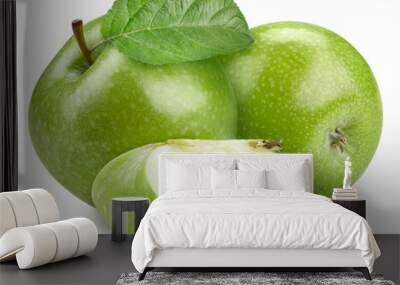 Two green apple and slice with green leaf clipping path. Organic fresh apple isolated on white. Full depth of field Wall mural