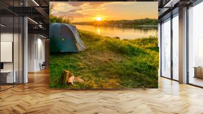 Camping tent in a camping on the river bank Wall mural