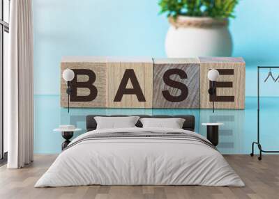 BASE - word from wooden blocks with letters, to divide or use something with others share concept, blue background Wall mural