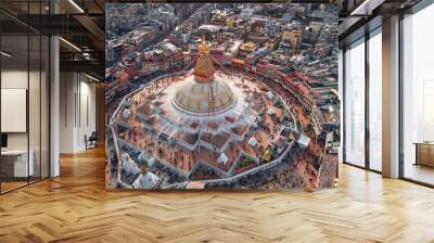 Aerial view on streets of Kathmandu and a stupa of Boudnath Wall mural