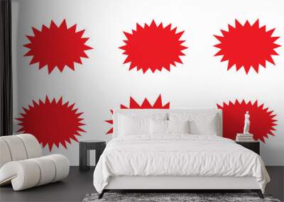 Bursting shape speech bubbles set. Starburst and sunburst cartoon shapes. Splash star icon set in flat style. Set of explosion background for a surprising and shocking moment with sample texts. Wall mural