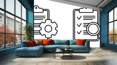 Clipboard icon. Checklist with gear, checkmarks, magnifier and pencil. Vector illustration. Wall mural