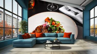 Healthy main course dish fro vegetarian. Eggplant with sauce and mixed tasty vegetables on the side. Food photography in fine dine in table background concept for cook book or magazine. Wall mural