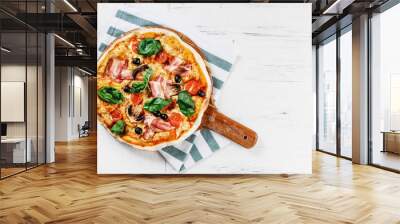 Top view VERY HOT Italian Pizza on white wooden table with mushrooms, basil, tomato, olives and cheese. Look as Prosciutto, Capricciosa, Funghi, Cotto HOMEMADE PIZZA with decoration. Wall mural