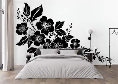 Floral corner design, black and white ornament with leaves and flowers Wall mural