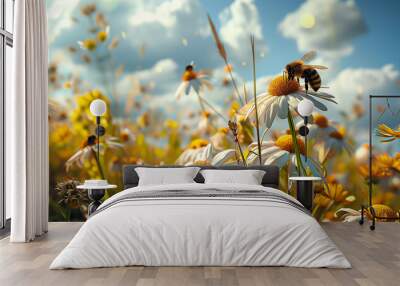 Flying honey bee collecting pollen at daisy flower. Close up of honey bee insect in summer Wall mural