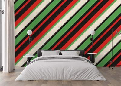 Geometric pattern with diagonal stripes in red, green, and black on a beige background Wall mural