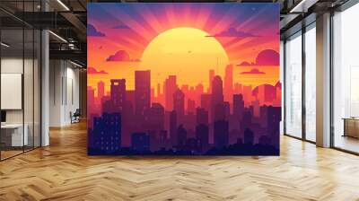 Horizon glows with warm colors as the sun sets behind a dynamic city skyline. Wall mural