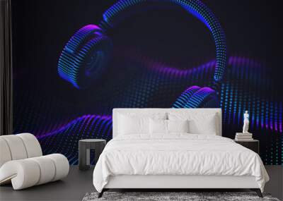 3D headphones on sound wave background. Colorful abstract visualization of digital sound and electronic music listening. Vector illustration of music equalizer and modern digital audio equipment. Wall mural