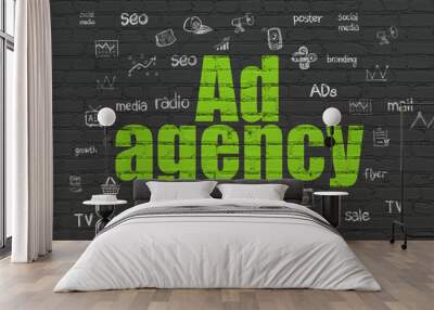 Advertising concept: Painted green text Ad Agency on Black Brick wall background with  Hand Drawn Marketing Icons Wall mural