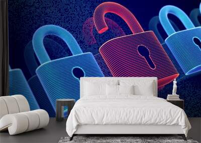 Data security and privacy concept: opened padlock on digital screen background. Visualization of personal or business information safety. Cybercrime or network hacker attack. EPS10 vector illustration Wall mural