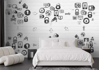 Grunge background: White Brick wall texture with Painted Hand Drawn Security Icons Wall mural