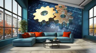 Information concept: Golden Gears on digital background Wall mural