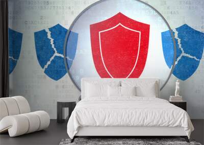 Magnifying optical glass with shields icons on digital backgr Wall mural