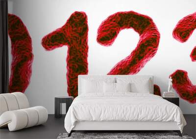 Red blood in shape of 3D digits 0, 1, 2, 3 on white background. Set of realistic bloody numbers for medicine, healthcare or horror concepts, part 1 of 3. Vector illustration. Wall mural