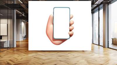 3d cartoon hand holding smartphone isolated on white background.  Mobile phone mockup. 3d render illustration Wall mural