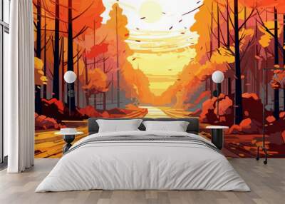 Autumn forest landscape, flat colors poster. Travel and adventure. Vector illustration Wall mural