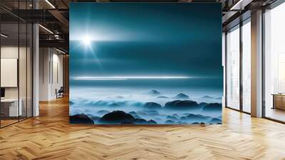 Dramatic mystic foggy landscape with rocky seashore. Panoramic wallpaper. Generative Ai Wall mural