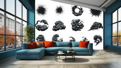 Explosion, burst fire effect of exploded dynamite or nuclear bombs with energy flashes, dust splashes and smoke clouds cartoon collection. Vector illustration Wall mural