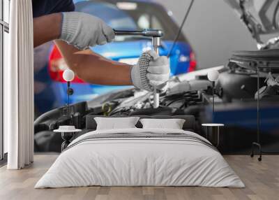 Mechanic working in auto repair garage. Car maintenance Wall mural