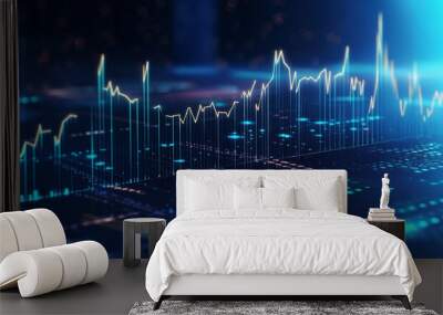 Panoramic abstract backdrop with stock market growth/down, digital financial chart graphs and indicators. Generative AI Wall mural