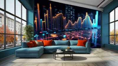 Panoramic abstract backdrop with stock market growth/down, digital financial chart graphs and indicators. Generative AI Wall mural