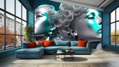 Two woman's heads abstract metallic chrome sculpture.Panoramic composition. Generative AI Wall mural