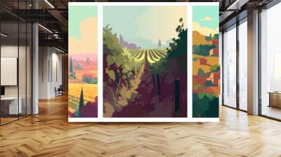 Vineyard farm village landscape flat colors posters. Vector illustration for social, banner or card. Wall mural