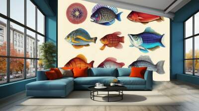 Vintage sea, ocean life poster, collection of fishes from the 19th century. Retro marine biology poster. Generative Ai Wall mural