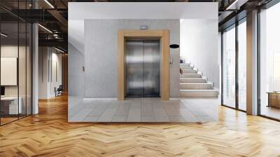 Luxury lifestyle design. Modern interior design. Modern steel elevator. Stairs. Nobody inside. Wall mural