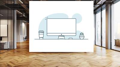 personal computer with blank screen. workspace with computer, coffee cup and plant. vector illustrat Wall mural