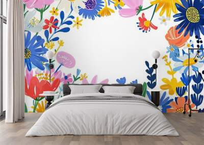 Playful hand-drawn style whimsical floral frame on a white background Wall mural