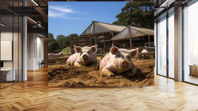 Relaxed pigs lying in the sand at a farm on a sunny day Wall mural