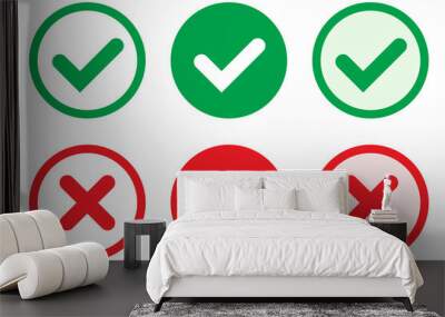 Right or wrong icons. Green tick and red cross checkmarks in circle flat icons. Yes or no symbol, approved or rejected icon for user interface. Wall mural