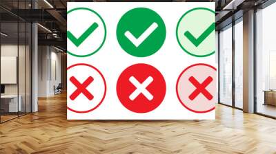 Right or wrong icons. Green tick and red cross checkmarks in circle flat icons. Yes or no symbol, approved or rejected icon for user interface. Wall mural