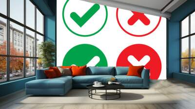 Right or wrong icons. Green tick and red cross checkmarks in circle flat icons. Yes or no symbol, approved or rejected icon for user interface. Wall mural