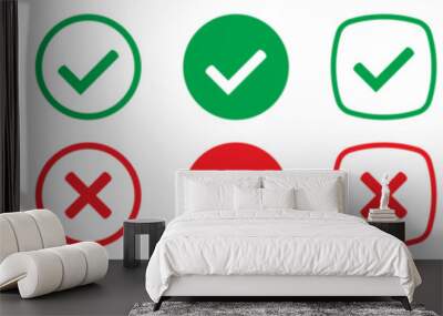 Right or wrong icons. Green tick and red cross checkmarks. Yes or no symbol, approved or rejected icon for user interface. Wall mural