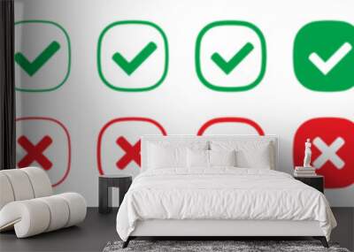 Right or wrong icons. Green tick and red cross checkmarks. Yes or no symbol, approved or rejected icon for user interface. Wall mural