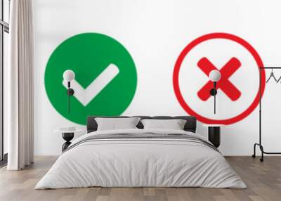 Right or wrong icons. Green tick and red cross checkmarks. Yes or no symbol, approved or rejected icon for user interface. Wall mural