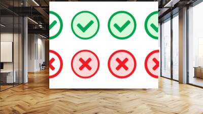 Right or wrong icons. Green tick and red cross checkmarks. Yes or no symbol, approved or rejected icon for user interface. Wall mural