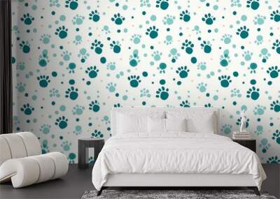 Seamless pattern of blue paw prints on a white background, pet friendly design Wall mural