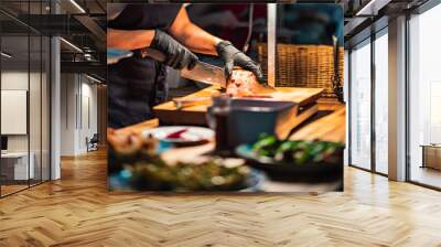 chef making catering food in restaurant Wall mural