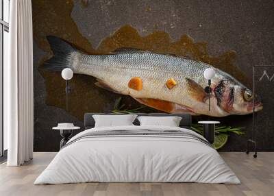 raw fish with herbs and sauce Wall mural