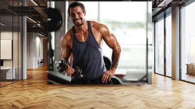 Fitness in gym, sport and healthy lifestyle concept. Handsome athletic man in blue shirt making exercises. Bodybuilder male model training biceps muscles with dumbbell Wall mural