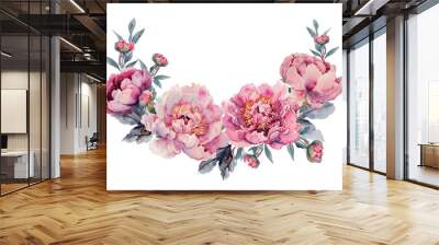 Watercolor border with pink flowers peonies. Spring composition isolated on white background Wall mural