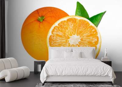 Whole orange and orange slice with leaves on isolated white background. Two oranges. Wall mural