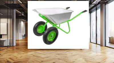 Empty construction two-wheel wheelbarrow isolated on white background Wall mural