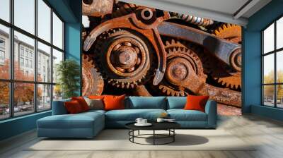 Part of the old mechanism with metal gears, sprockets, chain and other parts covered with rust. Wall mural