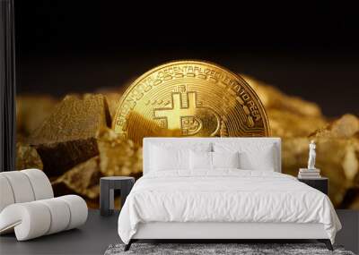 Golden Bitcoin Coin and mound of gold. Bitcoin cryptocurrency. Business concept. Wall mural