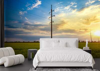 High voltage line at sunset or sunrise on a green wheat field Wall mural